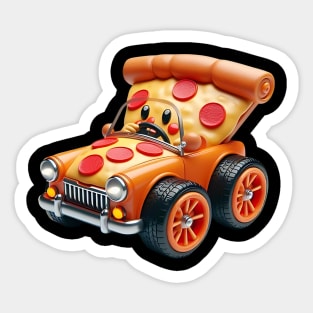 A slice of pizza driving a tiny pizza-shaped car with pepperoni wheels Sticker